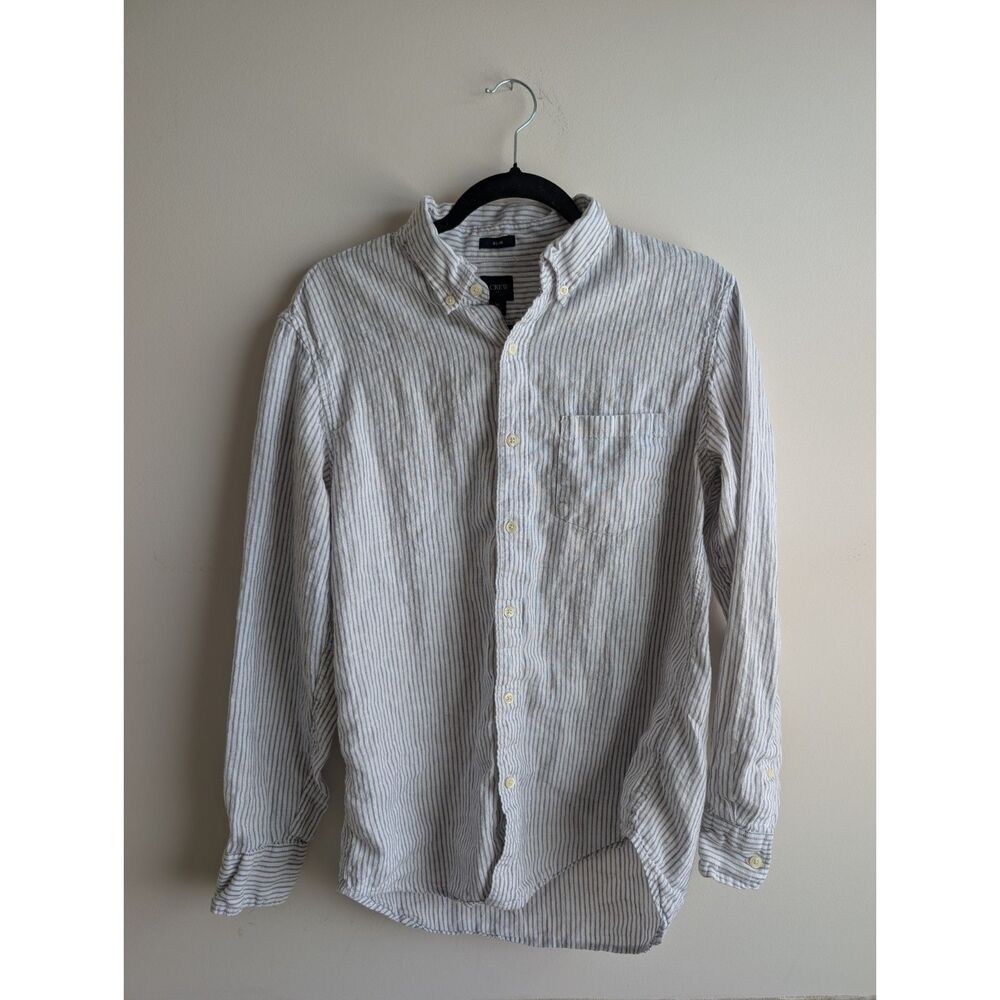 J. Crew Men's M Slim Linen Cotton Shirt Gray White Stripe Button Down